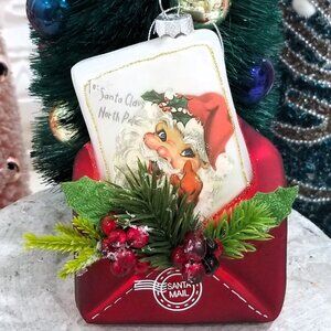 Blown Glass Santa Mail Letter Christmas Ornament North Pole Berries